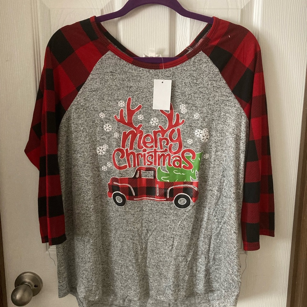 Womens XL Exclusive One Merry Christmas Raglan Shirt - Red and Gray Buffalo